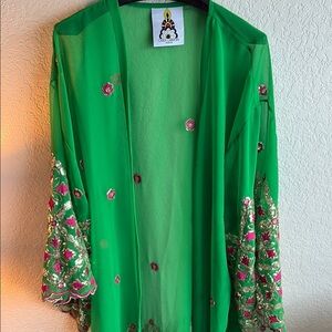 Green Floral Embroidered Kimono